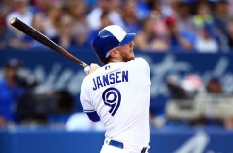 TORONTO, ON – JULY 04: Danny Jansen #9 of the Toronto Blue Jays hits his second home run of the game in the fourth inning during a MLB game against the Boston Red Sox at Rogers Centre on July 04, 2019 in Toronto, Canada. (Photo by Vaughn Ridley/Getty Images)