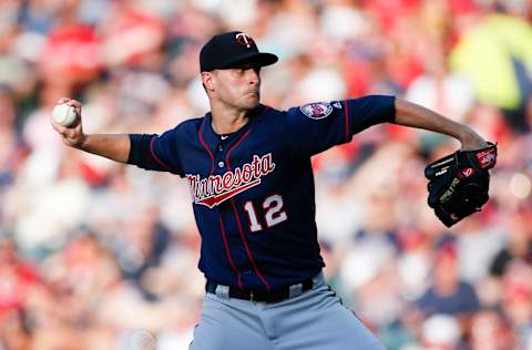 CLEVELAND, OH – JULY 13: Jake Odorizzi #12 of the Minnesota Twins pitches against the Cleveland Indians during the first inning at Progressive Field on July 13, 2019 in Cleveland, Ohio. (Photo by Ron Schwane/Getty Images)