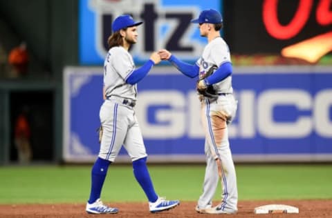 BALTIMORE, MD – SEPTEMBER 17: Cavan Biggio #8 of the Toronto Blue Jays celebrates with Bo Bichette #11 after a 8-5 victory against the Baltimore Orioles at Oriole Park at Camden Yards on September 17, 2019 in Baltimore, Maryland. (Photo by Greg Fiume/Getty Images)