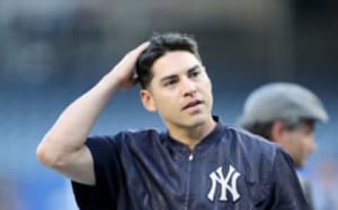 NEW YORK, NY – OCTOBER 03: Jacoby Ellsbury #22 of the New York Yankees looks on during batting practice prior to the American League Wild Card Game against the Minnesota Twins at Yankee Stadium on October 3, 2017 in the Bronx borough of New York City. (Photo by Elsa/Getty Images)