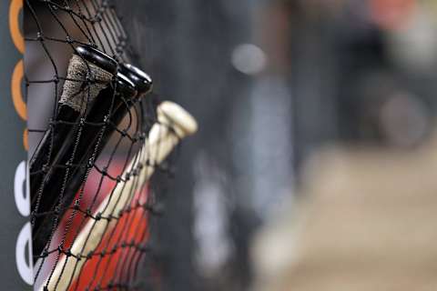 BALTIMORE, MD – JUNE 03: Bats from the Toronto Blue Jays rest against the net of the dugout during their game against the Baltimore Orioles at Oriole Park at Camden Yards on June 3, 2011 in Baltimore, Maryland. The Blue Jays won 8-4. (Photo by Rob Carr/Getty Images)