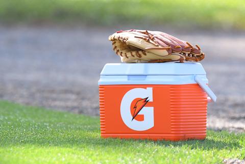 LAKELAND, FL – FEBRUARY 17: A detailed view of a Gatorade cooler and a baseball glove sitting on the field during the Detroit Tigers Spring Training workouts at the TigerTown Facility on February 17, 2020 in Lakeland, Florida. (Photo by Mark Cunningham/MLB Photos via Getty Images)