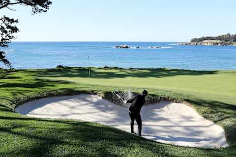 PEBBLE BEACH, CALIFORNIA – FEBRUARY 09: Jason Day of Australia plays a shot from a bunker on the fifth hole during the final round of the AT&T Pebble Beach Pro-Am at Pebble Beach Golf Links on February 09, 2020 in Pebble Beach, California. (Photo by Sean M. Haffey/Getty Images)