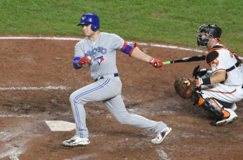 BALTIMORE, MD – SEPTEMBER 18: Aledmys Diaz #1 of the Toronto Blue Jays takes a swing during a baseball game against the Baltimore Orioles at Oriole Park at Camden Yards on September 18, 2018 in Baltimore, Maryland. (Photo by Mitchell Layton/Getty Images)