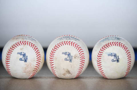 DUNEDIN, FLORIDA – FEBRUARY 27: Rawlings spring training baseballs rest in the dugout of the Minnesota Twins during the spring training game against the Toronto Blue Jays at TD Ballpark on February 27, 2020 in Dunedin, Florida. (Photo by Mark Brown/Getty Images)