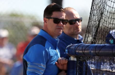 Feb 19, 2018; Dunedin, FL, USA; Toronto Blue Jays general manager Ross Atkins and president and CEO Mark Shapiro look on during batting practice at Bobby Mattick Training Center. Mandatory Credit: Kim Klement-USA TODAY Sports