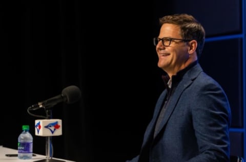 Apr 26, 2019; Toronto, Ontario, CAN; Toronto Blue Jays general manager Ross Atkins speaks during a press conference before playing the Oakland Athletics at Rogers Centre. Mandatory Credit: Kevin Sousa-USA TODAY Sports