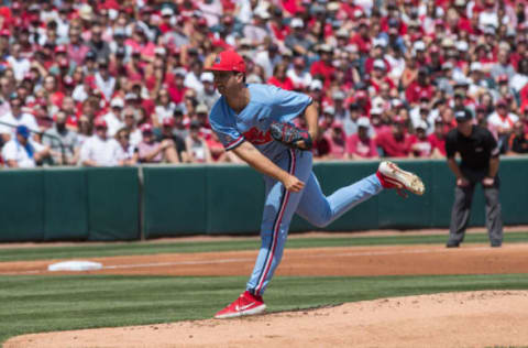 Jun 10, 2019; Fayetteville, AR, USA; Mississippi Rebels pitcher Gunnar Hoglund (17) throws a pitch during the game against the Arkansas Razorbacks at Baum-Walker Stadium. Mandatory Credit: Brett Rojo-USA TODAY Sports