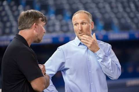 Jul 23, 2019; Toronto, Ontario, CAN; Toronto Blue Jays president and CEO Mark Shapiro talks with the media during batting practice against the Cleveland Indians at Rogers Centre. Mandatory Credit: Nick Turchiaro-USA TODAY Sports