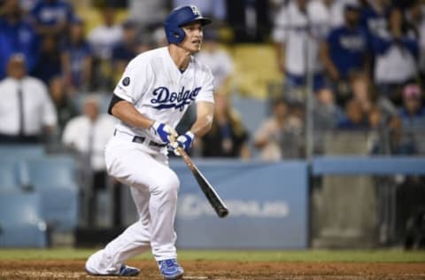 Aug 22, 2019; Los Angeles, CA, USA; Los Angeles Dodgers shortstop Corey Seager (5) looks up after hitting a two-run double during the ninth inning against the Toronto Blue Jays at Dodger Stadium. Mandatory Credit: Kelvin Kuo-USA TODAY Sports