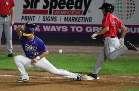 Wilmington first baseman Nick Pratto can’t pull in a throw in the dirt as Fayetteville’s Cal Stevenson reach base in the seventh inning of the Blue Rocks’ 3-1 loss in the opening game of the Mills Cup Championship Series Tuesday at Frawley Stadium.Fayetteville 3 Rocks 1