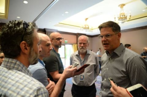 Nov 13, 2019; Scottsdale, AZ, USA; Toronto Blue Jays general manager Ross Atkins speaks with members of the media during general managers meetings at the Omni Scottsdale Resort & Spa at Montelucia Mandatory Credit: Joe Camporeale-USA TODAY Sports