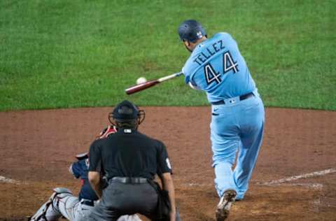 Aug 26, 2020; Buffalo, NY, USA; Toronto Blue Jays first baseman Rowdy Tellez (44) hits an RBI single during the seventh inning against the Boston Red Sox at Sahlen Field Centre. Mandatory Credit: Gregory Fisher-USA TODAY Sports