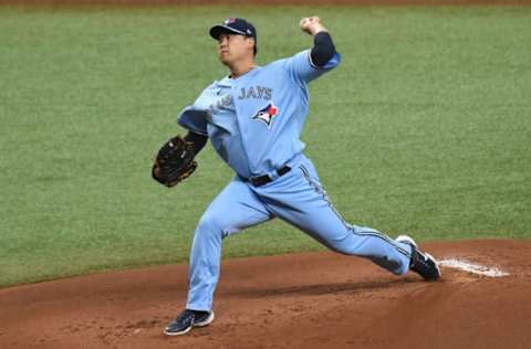 Sep 30, 2020; St. Petersburg, Florida, USA; Toronto Blue Jays pitcher Hyun Jin Ryu (99) throws a pitch in the first inning against the Tampa Bay Rays at Tropicana Field. Mandatory Credit: Jonathan Dyer-USA TODAY Sports