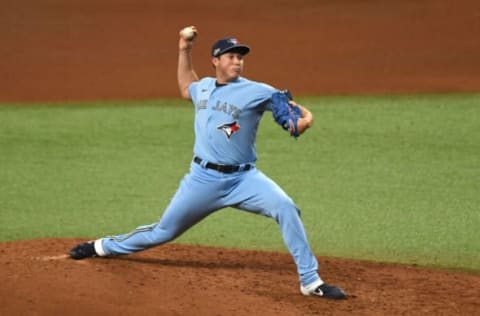 Sep 30, 2020; St. Petersburg, Florida, USA; Toronto Blue Jays pitcher Nate Pearson (24) throws a pitch in the fourth inning against the Tampa Bay Rays at Tropicana Field. Mandatory Credit: Jonathan Dyer-USA TODAY Sports