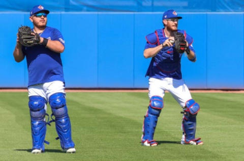 Feb 25, 2021; Dunedin, FL, USA; Toronto Blue Jays catchers Alejandro Kirk (left) and Danny Jansen (right) go through drills during spring training. Mandatory Credit: Toronto Blue Jays/Handout Photo via USA TODAY Sports