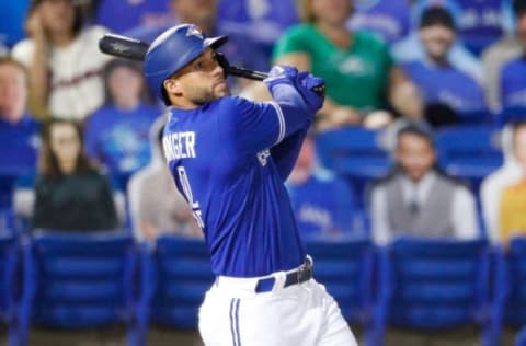 May 1, 2021; Dunedin, Florida, CAN; Toronto Blue Jays designated hitter George Springer (4) hits a two-run home run against the Atlanta Braves in the third inning at TD Ballpark. Mandatory Credit: Nathan Ray Seebeck-USA TODAY Sports