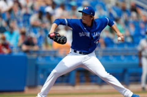 May 2, 2021; Dunedin, Florida, USA; Toronto Blue Jays pitcher Ryan Borucki (56) throws a pitch in the fifth inning against the Atlanta Braves at TD Ballpark. Mandatory Credit: Nathan Ray Seebeck-USA TODAY Sports