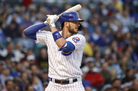 Jun 21, 2021; Chicago, Illinois, USA; Chicago Cubs third baseman Kris Bryant (17) bats against the Cleveland Indians during the fourth inning at Wrigley Field. Mandatory Credit: Kamil Krzaczynski-USA TODAY Sports