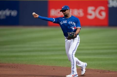 Jun 26, 2021; Buffalo, New York, CAN; Toronto Blue Jays second baseman Marcus Semien (10) throws out Baltimore Orioles first baseman Trey Mancini (16) (not pictured) after fielding a ground ball during the third inning at Sahlen Field. Mandatory Credit: Gregory Fisher-USA TODAY Sports