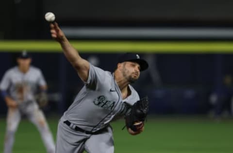 Jun 30, 2021; Buffalo, New York, USA; Seattle Mariners relief pitcher Kendall Graveman (49) throws a pitch during the eighth inning against the Toronto Blue Jays at Sahlen Field. Mandatory Credit: Timothy T. Ludwig-USA TODAY Sports