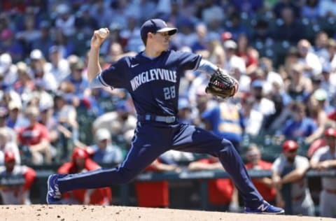 Jul 9, 2021; Chicago, Illinois, USA; Chicago Cubs starting pitcher Kyle Hendricks (28) delivers against the St. Louis Cardinals during the first inning at Wrigley Field. Mandatory Credit: Kamil Krzaczynski-USA TODAY Sports