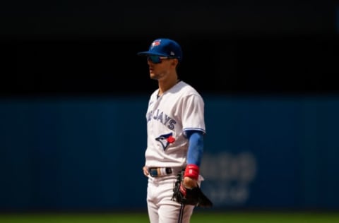 Aug 1, 2021; Toronto, Ontario, CAN; Toronto Blue Jays third baseman Cavan Biggio (8) looks on against the Kansas City Royals at Rogers Centre. Mandatory Credit: Kevin Sousa-USA TODAY Sports