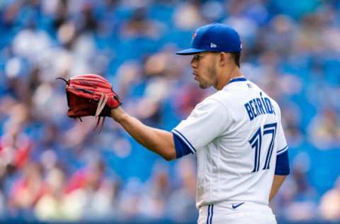 Aug 1, 2021; Toronto, Ontario, CAN; Toronto Blue Jays starting pitcher Jose Berrios (17) sets to pitch against the Kansas City Royals at Rogers Centre. Mandatory Credit: Kevin Sousa-USA TODAY Sports