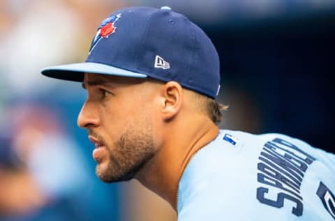 Jul 31, 2021; Toronto, Ontario, CAN; Toronto Blue Jays center fielder George Springer (4) looks on against the Kansas City Royals at Rogers Centre. Mandatory Credit: Kevin Sousa-USA TODAY Sports