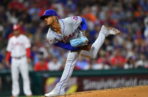 Aug 6, 2021; Philadelphia, Pennsylvania, USA; New York Mets starting pitcher Marcus Stroman (0) throws a pitch in the fifth inning against the Philadelphia Phillies at Citizens Bank Park. Mandatory Credit: Kyle Ross-USA TODAY Sports