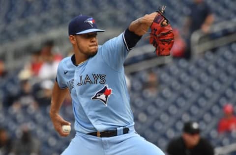 Aug 18, 2021; Washington, District of Columbia, USA; Toronto Blue Jays starting pitcher Jose Berrios (17) throws to the Washington Nationals during the first inning at Nationals Park. Mandatory Credit: Brad Mills-USA TODAY Sports