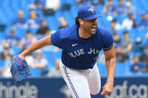 Sep 15, 2021; Toronto, Ontario, CAN; Toronto Blue Jays starting pitcher Robbie Ray (38) reacts after delivering a pitch against Tampa Bay Rays in the first inning at Rogers Centre. Mandatory Credit: Dan Hamilton-USA TODAY Sports