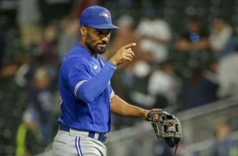 Sep 25, 2021; Minneapolis, Minnesota, USA; Toronto Blue Jays second baseman Marcus Semien (10) celebrates the win over the Minnesota Twins at Target Field. Mandatory Credit: Bruce Kluckhohn-USA TODAY Sports