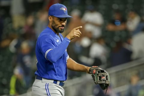 Sep 25, 2021; Minneapolis, Minnesota, USA; Toronto Blue Jays second baseman Marcus Semien (10) celebrates the win over the Minnesota Twins at Target Field. Mandatory Credit: Bruce Kluckhohn-USA TODAY Sports