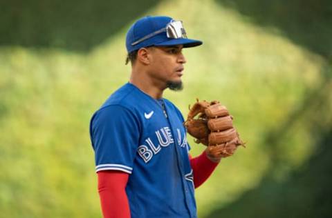 Sep 26, 2021; Minneapolis, Minnesota, USA; Toronto Blue Jays second baseman Santiago Espinal (5) between innings against the Toronto Blue Jays at Target Field. Mandatory Credit: Matt Blewett-USA TODAY Sports