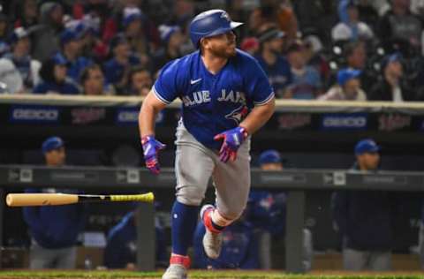 Sep 24, 2021; Minneapolis, Minnesota, USA; Toronto Blue Jays catcher Alejandro Kirk (30) runs to first against the Minnesota Twins at Target Field. Mandatory Credit: Nick Wosika-USA TODAY Sports