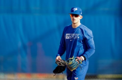 Mar 13, 2022; Dunedin, FL, USA; Toronto Blue Jays second baseman Cavan Biggio (8) looks on during the first day of spring training workouts at the Toronto Blue Jays player development complex Mandatory Credit: Nathan Ray Seebeck-USA TODAY Sports