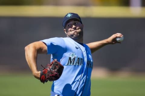 Mar 17, 2022; Peoria, AZ, USA; Seattle Mariners pitcher Robbie Ray during spring training workouts at Peoria Sports Complex. Mandatory Credit: Mark J. Rebilas-USA TODAY Sports