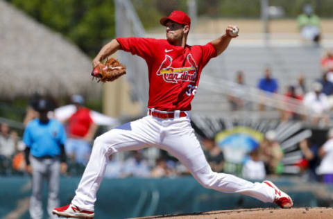 Mar 26, 2022; Jupiter, Florida, USA; St. Louis Cardinals starting pitcher Steven Matz (32) delivers a pitch in the first inning of the game against the Miami Marlins during spring training at Roger Dean Stadium. Mandatory Credit: Sam Navarro-USA TODAY Sports