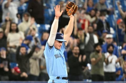 May 4, 2022; Toronto, Ontario, CAN; Toronto Blue Jays third baseman Matt Chapman (26) celebrates a win over the New York Yankees at Rogers Centre. Mandatory Credit: Dan Hamilton-USA TODAY Sports