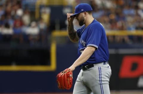 May 15, 2022; St. Petersburg, Florida, USA; Toronto Blue Jays starting pitcher Alek Manoah (6) walks back to the dugout at the end of the third inning against the Tampa Bay Rays at Tropicana Field. Mandatory Credit: Kim Klement-USA TODAY Sports