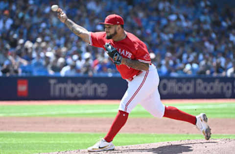 Jul 16, 2022; Toronto, Ontario, CAN; Toronto Blue Jays starting pitcher Max Castillo (60) delivers a pitch against the Kansas City Royals in the second inning at Rogers Centre. Mandatory Credit: Dan Hamilton-USA TODAY Sports