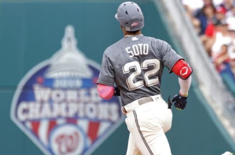 Jul 16, 2022; Washington, District of Columbia, USA; Washington Nationals right fielder Juan Soto (22) jogs after hitting a fly ball out against the Atlanta Braves during the first inning at Nationals Park. Mandatory Credit: Geoff Burke-USA TODAY Sports