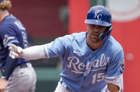 Jul 24, 2022; Kansas City, Missouri, USA; Kansas City Royals second baseman Whit Merrifield (15) celebrates after hitting a double against the Tampa Bay Rays in the first inning at Kauffman Stadium. Mandatory Credit: Denny Medley-USA TODAY Sports