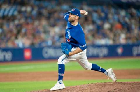 Aug 16, 2022; Toronto, Ontario, CAN; Toronto Blue Jays relief pitcher David Phelps (35) throws a pitch against the Baltimore Orioles during the ninth inning at Rogers Centre. Mandatory Credit: Nick Turchiaro-USA TODAY Sports