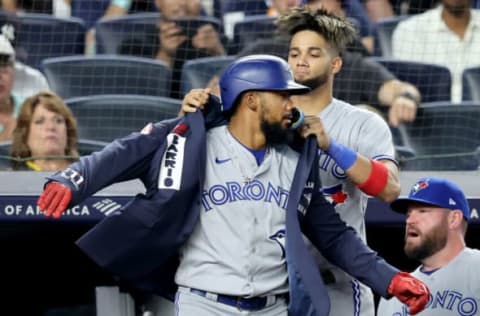 Aug 19, 2022; Bronx, New York, USA; Toronto Blue Jays left fielder Lourdes Gurriel Jr. (13) puts the home run jacket on Toronto Blue Jays right fielder Teoscar Hernandez (37) after Hernandez’s two run home run against the New York Yankees during the fourth inning at Yankee Stadium. Mandatory Credit: Brad Penner-USA TODAY Sports