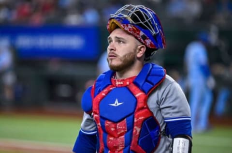 Sep 11, 2022; Arlington, Texas, USA; Toronto Blue Jays catcher Alejandro Kirk (30) walks off the field after the eighth inning against the Texas Rangers at Globe Life Field. Mandatory Credit: Jerome Miron-USA TODAY Sports