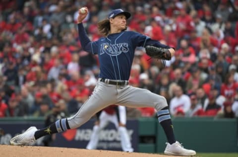 Oct 8, 2022; Cleveland, Ohio, USA; Tampa Bay Rays starting pitcher Tyler Glasnow (20) throws a pitch against the Cleveland Guardians in the first inning during game two of the Wild Card series for the 2022 MLB Playoffs at Progressive Field. Mandatory Credit: Ken Blaze-USA TODAY Sports