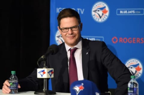 Oct 29, 2018; Toronto, Ontario, Can; Toronto Blue Jays general manager Ross Atkins speaks during an introductory media conference at Rogers Centre. Mandatory Credit: Dan Hamilton-USA TODAY Sports