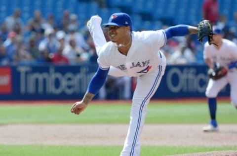 Jun 29, 2019; Toronto, Ontario, CAN; Toronto Blue Jays starting pitcher Marcus Stroman (6) delivers a pitch against Kansas City Royals in the first inning at Rogers Centre. Mandatory Credit: Dan Hamilton-USA TODAY Sports